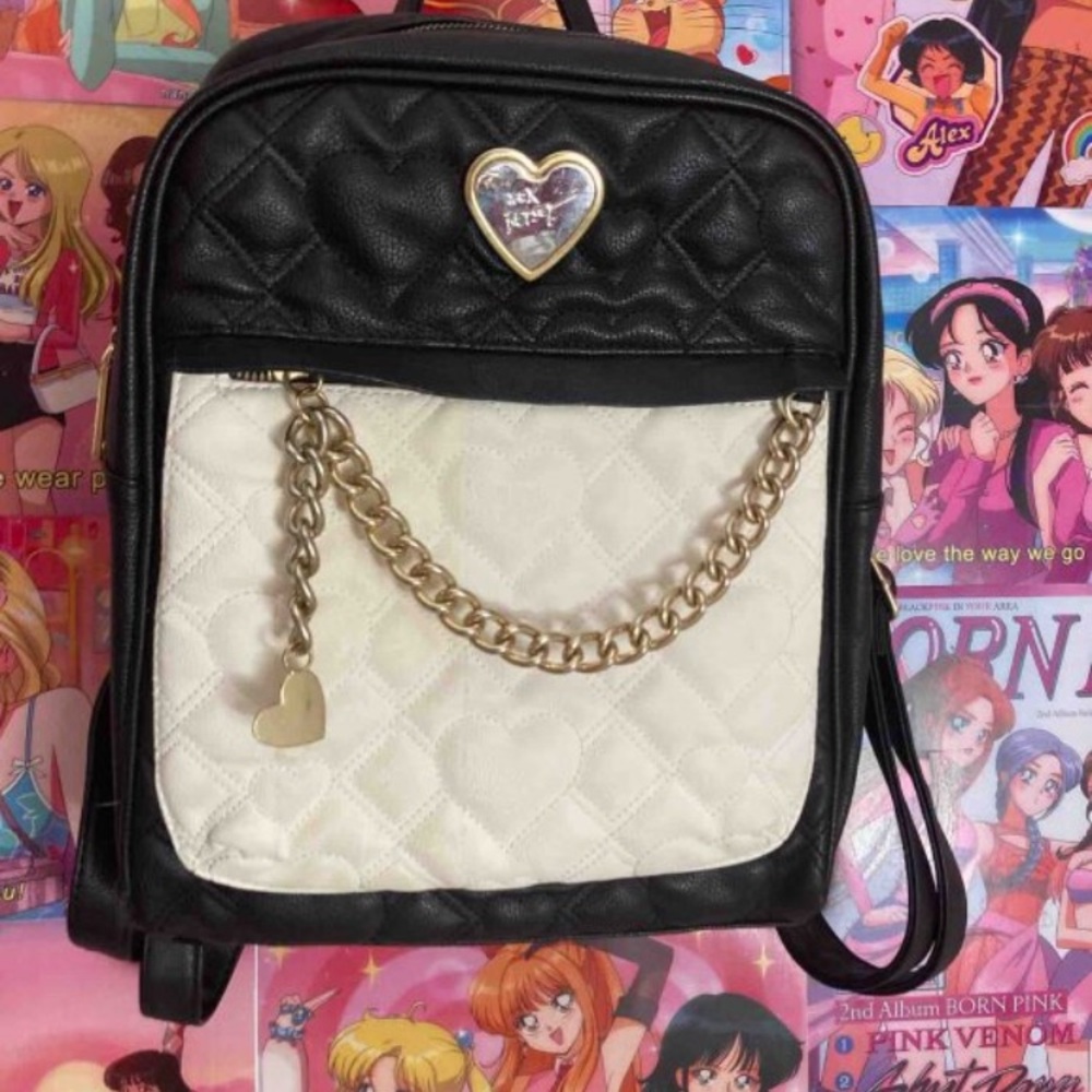 Betsey Johnson White Black Quilted Backpack Hearts Large